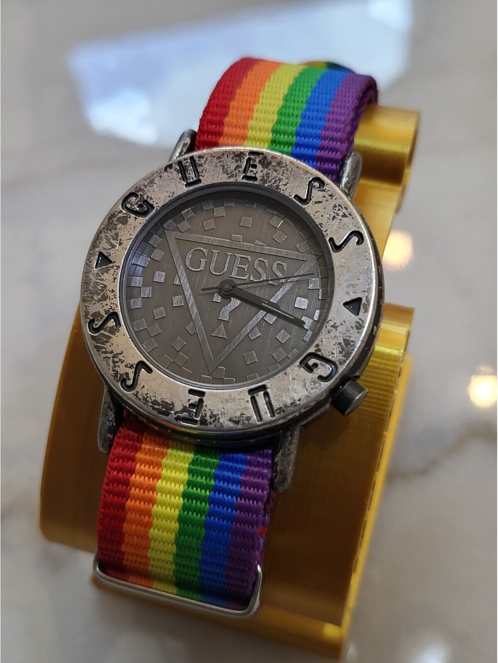 Rare Distressed Guess Mens Watch 35MM New Pride Strap EUC 8.5" Working NewB